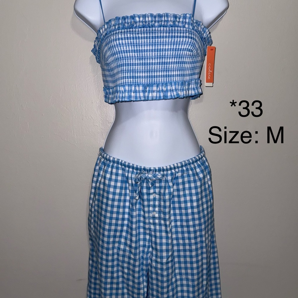 Blue Gingham Smocked Crop Top & wide pants Set